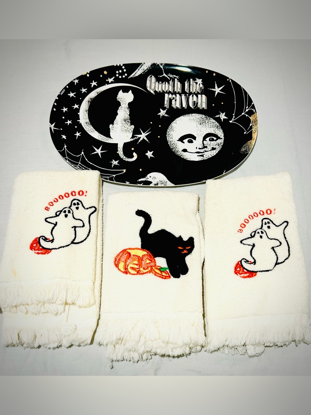 Vtg Deadstock Cannon Retro Halloween Black Cat Pumpkin Ghost Dish Towel + Tray